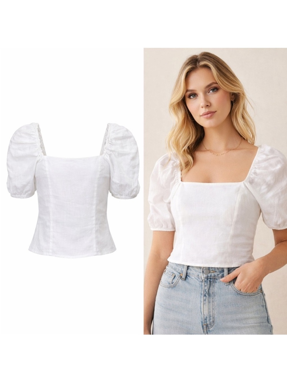 Rachel Zoe linen square neck smock back puff sleeve crop top